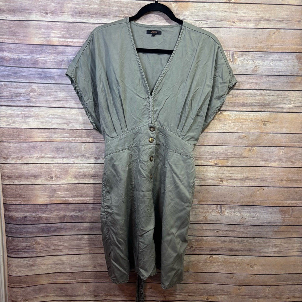 Quince Vintage Wash Tencel Button Front Dress Size Large Olive Green Mini